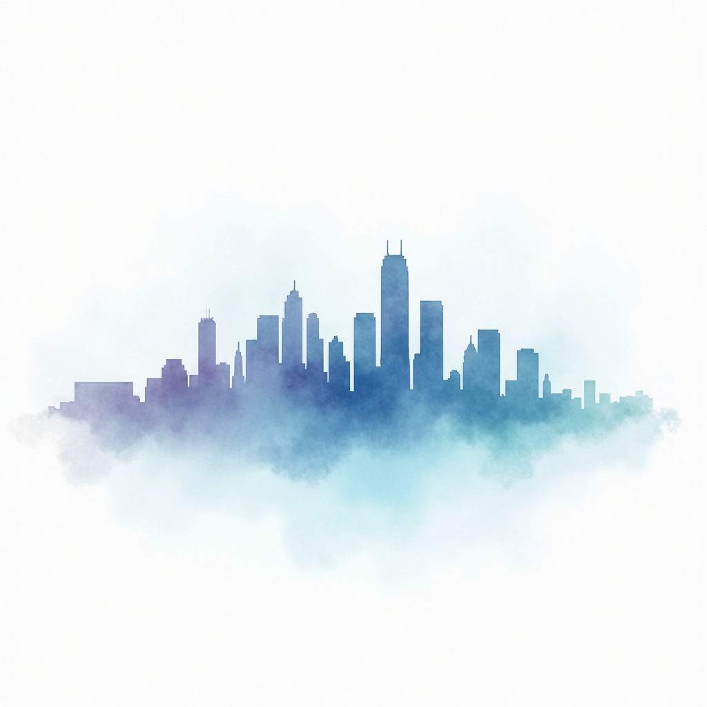 Houston skyline as delicate cyan and lavender line art on a luminous white background