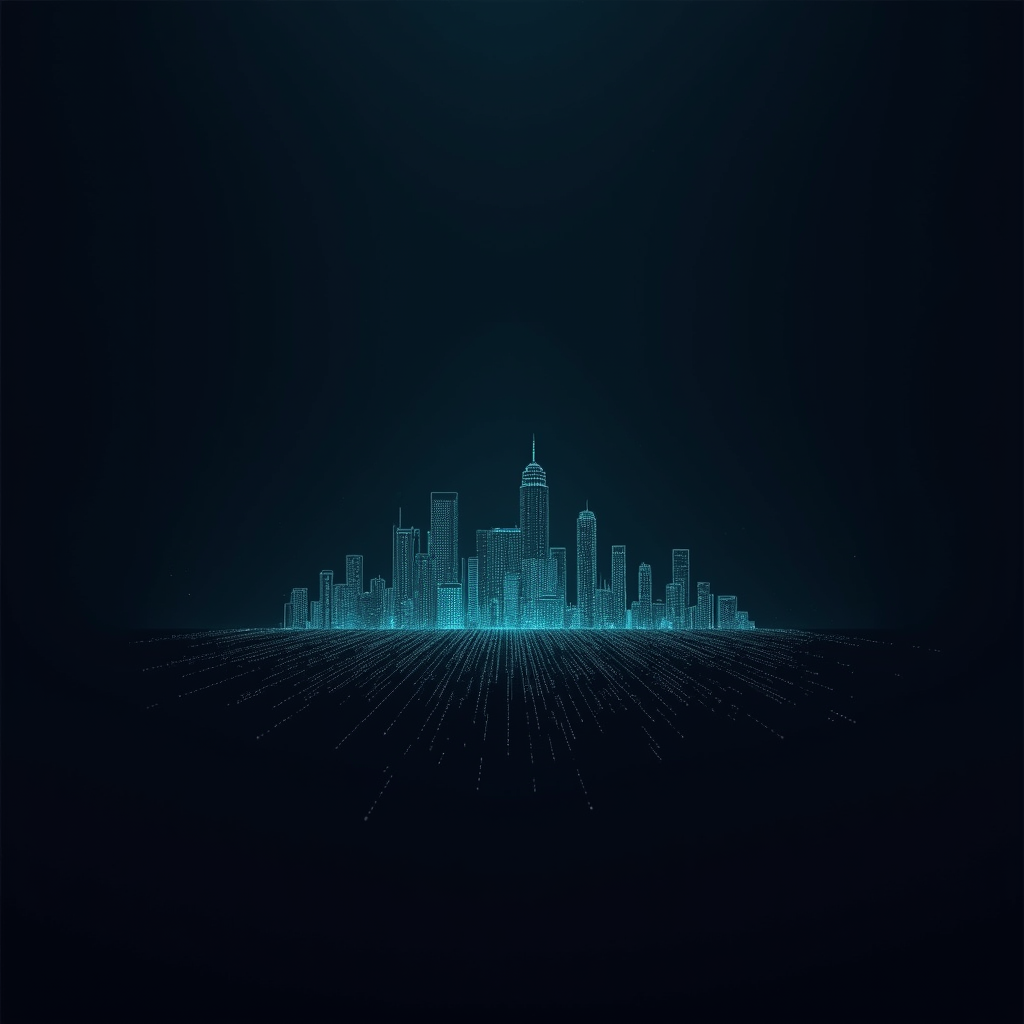 Houston skyline silhouette formed from glowing cyan circuit lines on a dark background